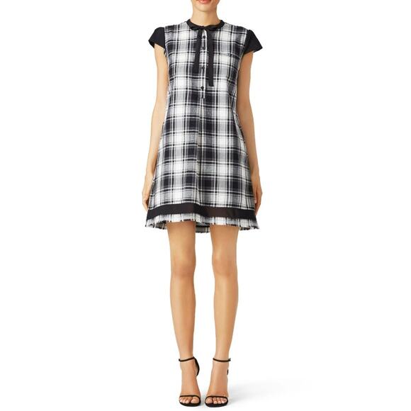 INTER-PRET.US Wednesday Plaid Shift Dress Cap Sleeve Tie Front Black Womens Sz 8 - Picture 1 of 10